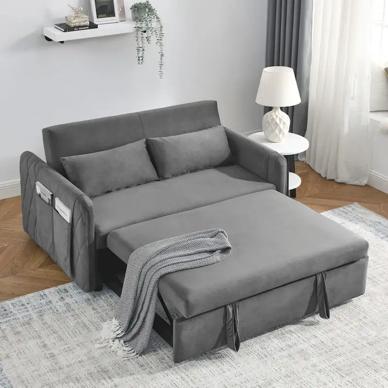 Nowoczesna rozkładana sofa dwuosobowa z weluru, pełniąca funkcję łóżka, z 2 poduszkami