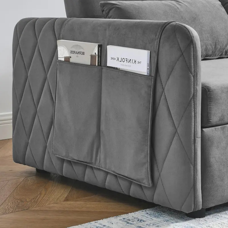 Nowoczesna rozkładana sofa dwuosobowa z weluru, pełniąca funkcję łóżka, z 2 poduszkami