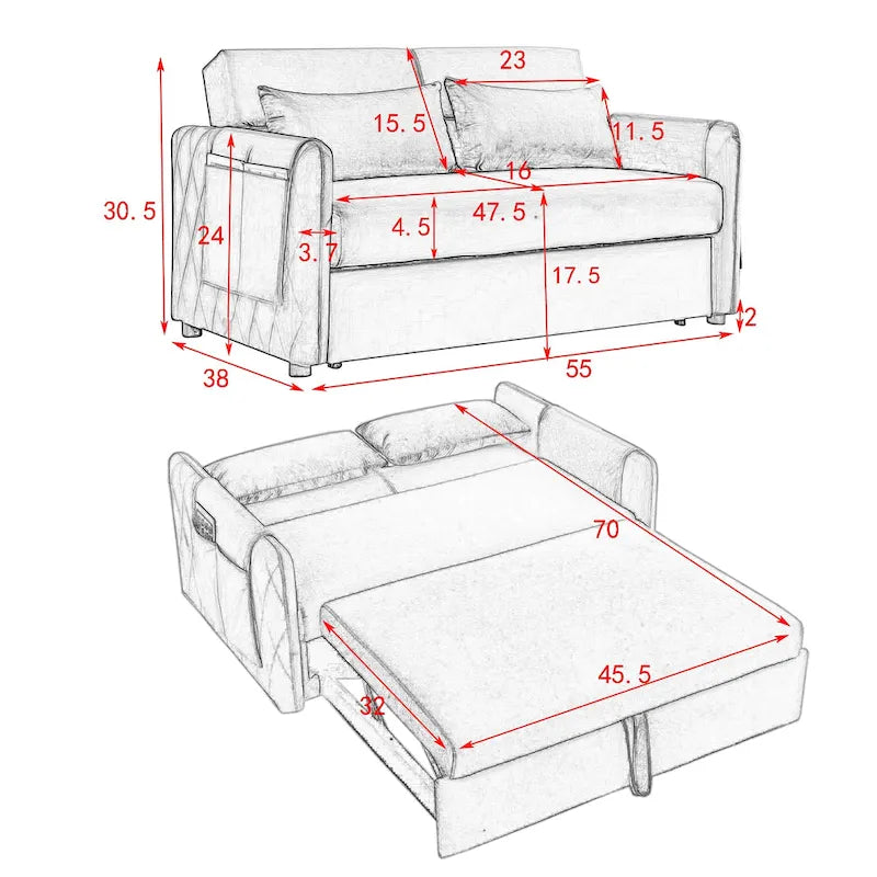 Nowoczesna rozkładana sofa dwuosobowa z weluru, pełniąca funkcję łóżka, z 2 poduszkami