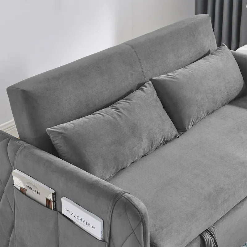Nowoczesna rozkładana sofa dwuosobowa z weluru, pełniąca funkcję łóżka, z 2 poduszkami