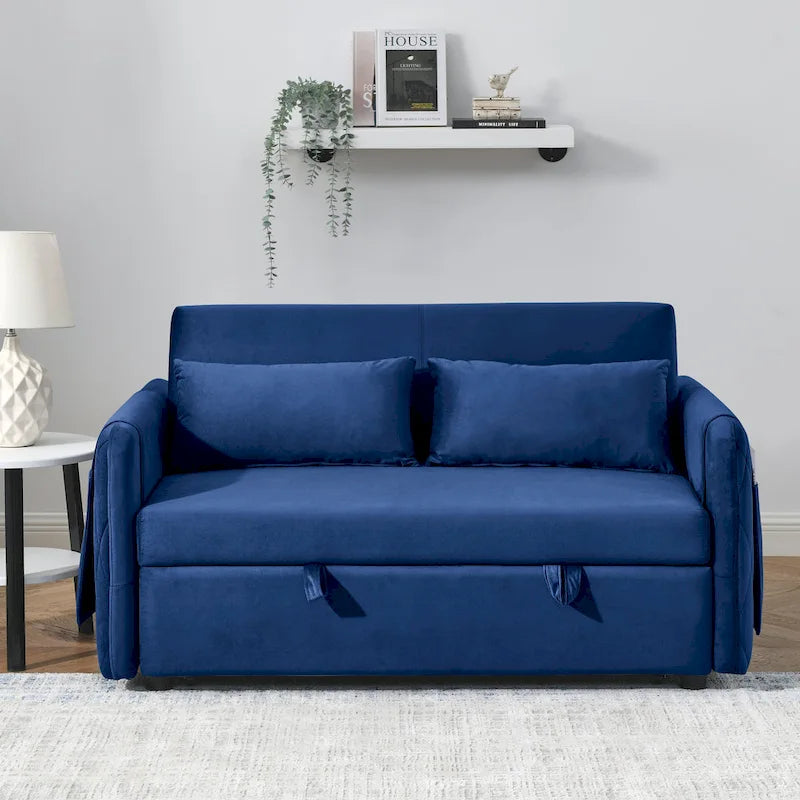 Nowoczesna rozkładana sofa dwuosobowa z weluru, pełniąca funkcję łóżka, z 2 poduszkami