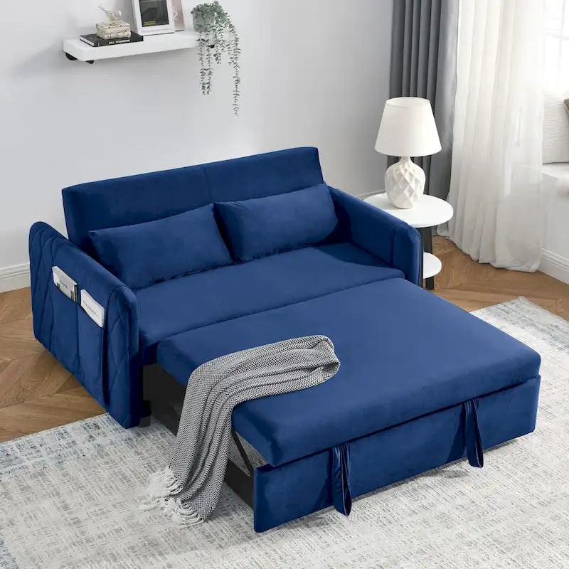 Nowoczesna rozkładana sofa dwuosobowa z weluru, pełniąca funkcję łóżka, z 2 poduszkami