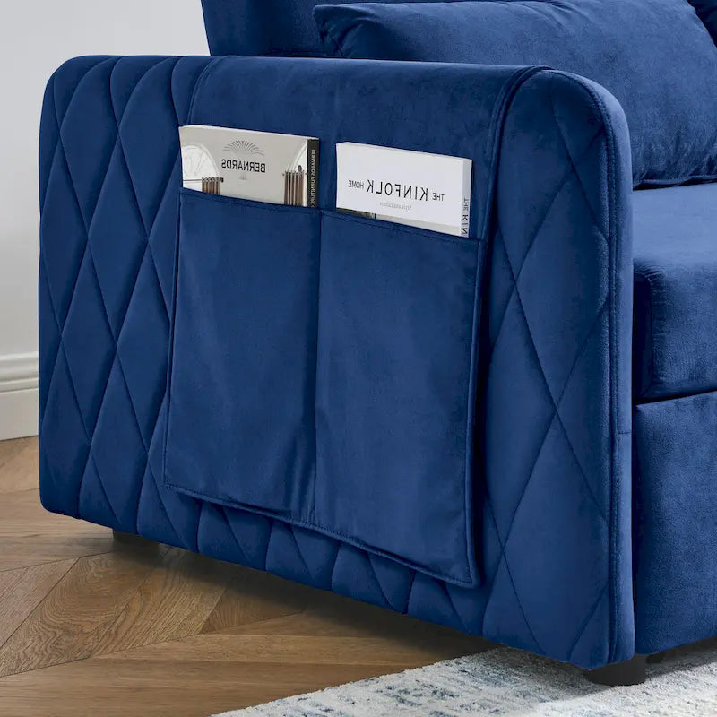 Nowoczesna rozkładana sofa dwuosobowa z weluru, pełniąca funkcję łóżka, z 2 poduszkami