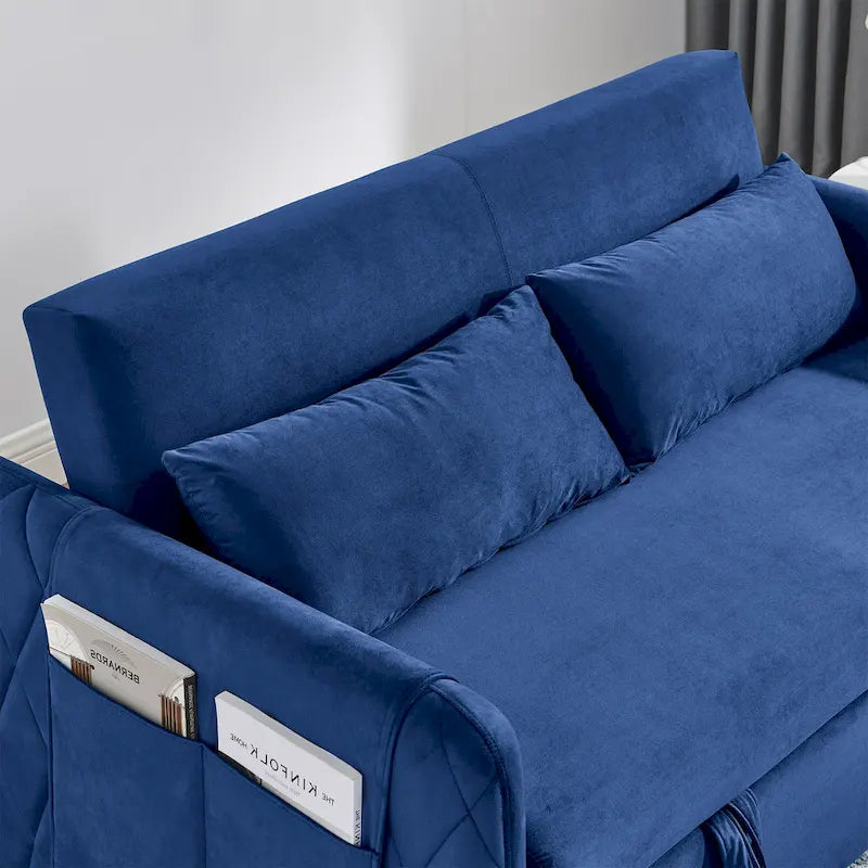Nowoczesna rozkładana sofa dwuosobowa z weluru, pełniąca funkcję łóżka, z 2 poduszkami