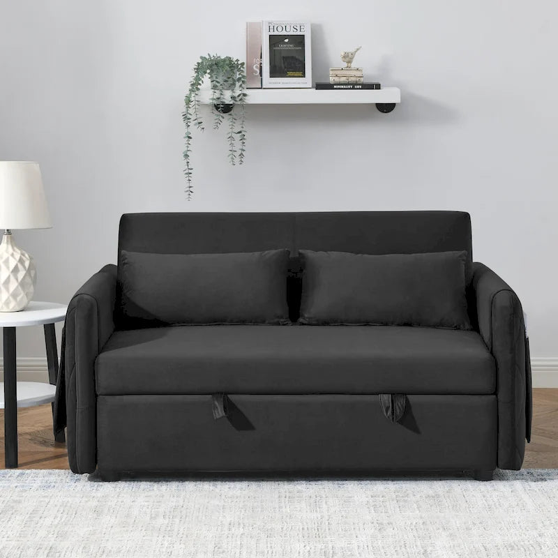 Nowoczesna rozkładana sofa dwuosobowa z weluru, pełniąca funkcję łóżka, z 2 poduszkami