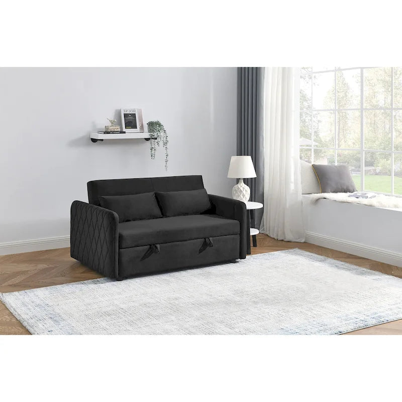 Nowoczesna rozkładana sofa dwuosobowa z weluru, pełniąca funkcję łóżka, z 2 poduszkami