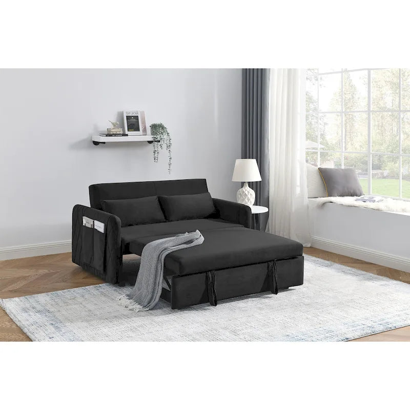 Nowoczesna rozkładana sofa dwuosobowa z weluru, pełniąca funkcję łóżka, z 2 poduszkami