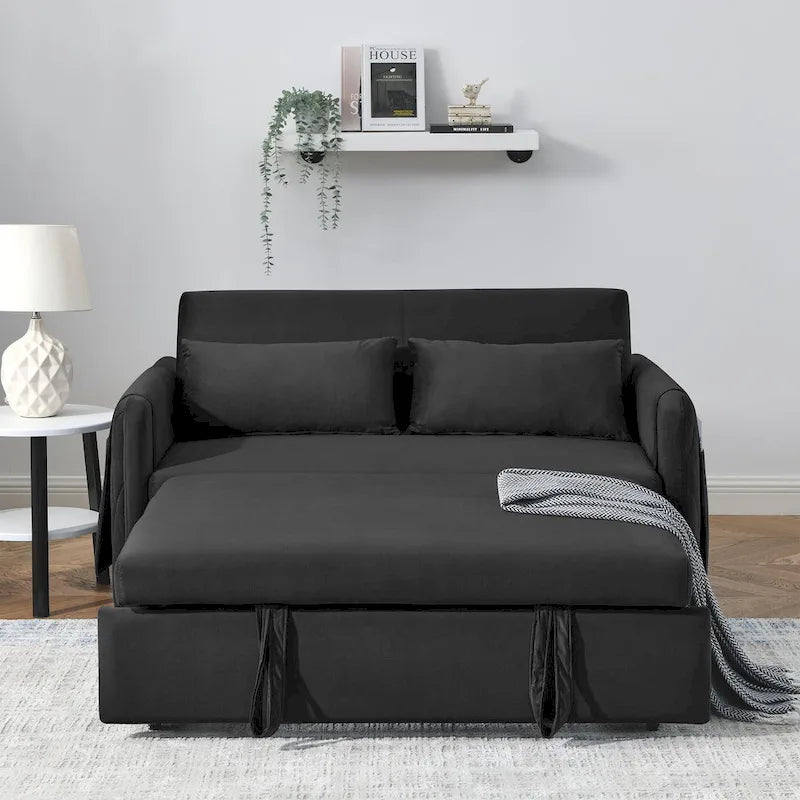 Nowoczesna rozkładana sofa dwuosobowa z weluru, pełniąca funkcję łóżka, z 2 poduszkami