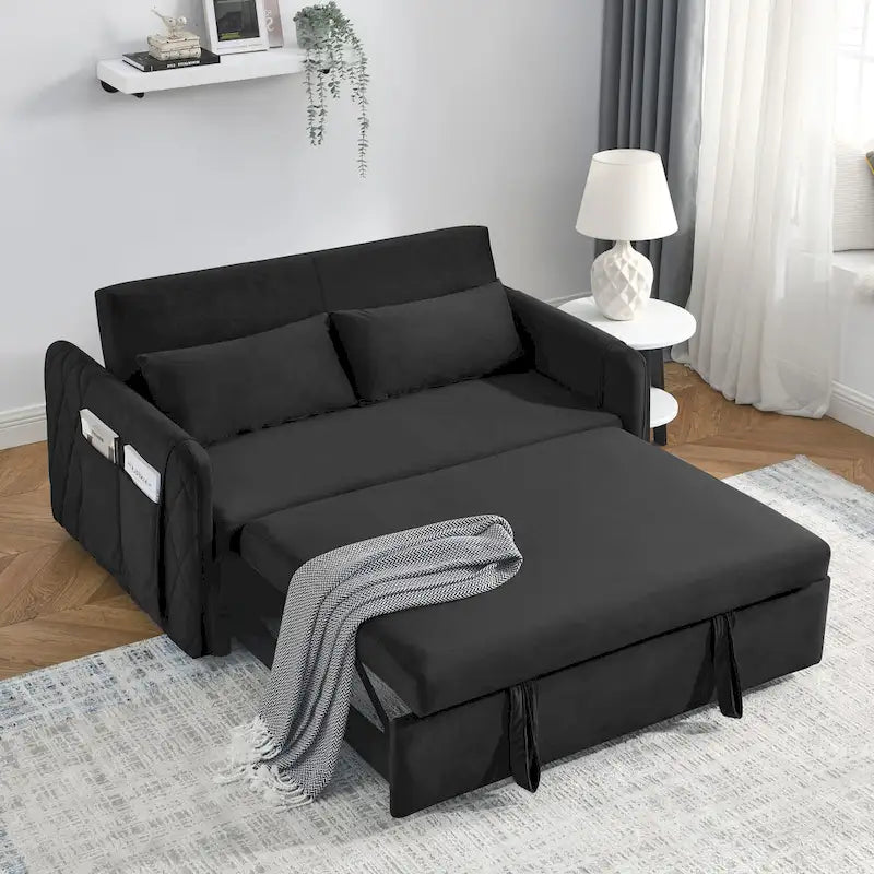 Nowoczesna rozkładana sofa dwuosobowa z weluru, pełniąca funkcję łóżka, z 2 poduszkami