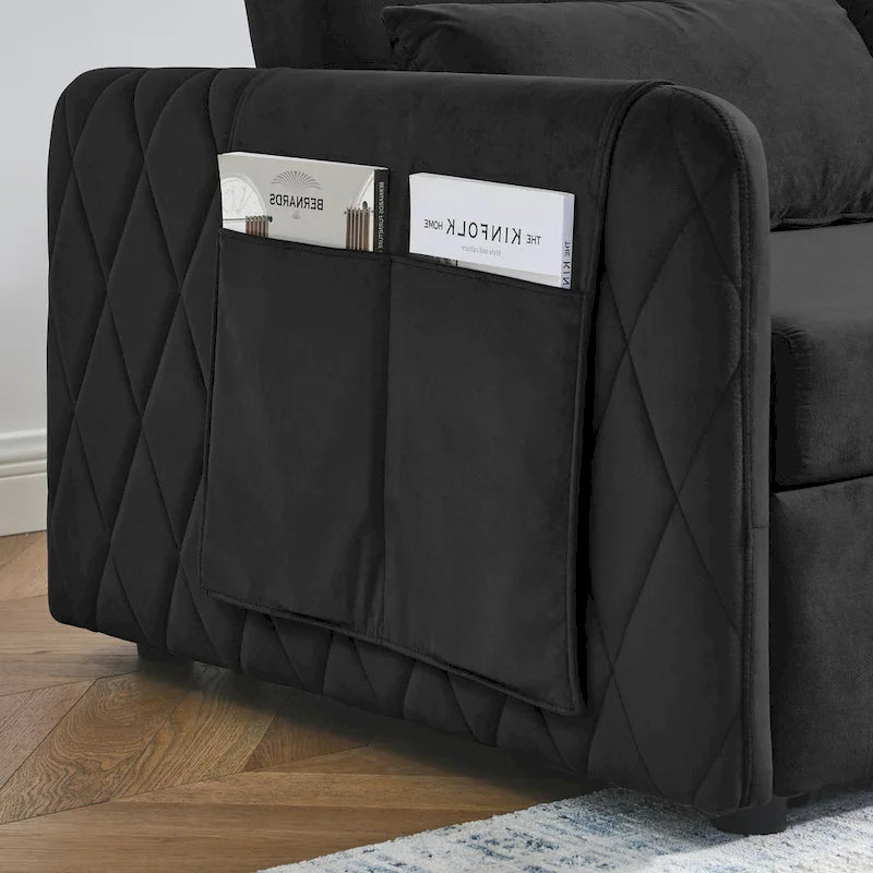 Nowoczesna rozkładana sofa dwuosobowa z weluru, pełniąca funkcję łóżka, z 2 poduszkami