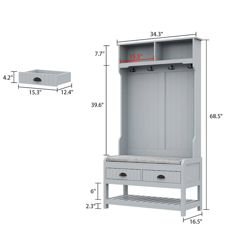Vestiaire d’entrée Timechee de 34,3 de largeur avec banc et rangement pour chaussures