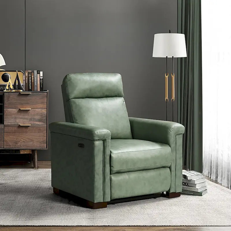 Sillón reclinable eléctrico contemporáneo clásico Alicia de cuero genuino, de 34.65 de ancho, con puerto USB