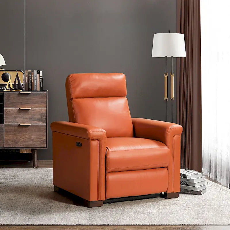 Sillón reclinable eléctrico contemporáneo clásico Alicia de cuero genuino, de 34.65 de ancho, con puerto USB