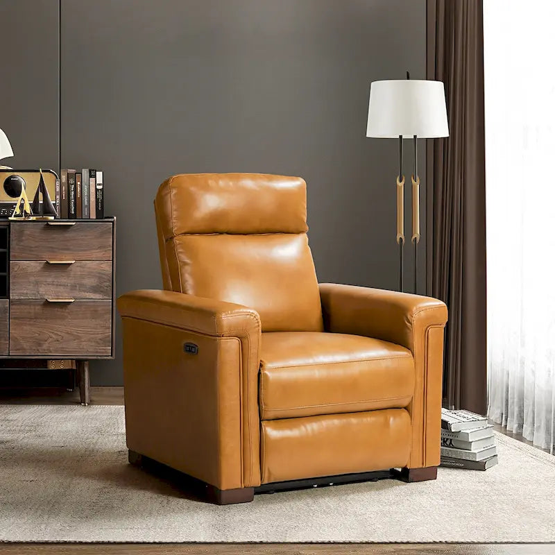Sillón reclinable eléctrico contemporáneo clásico Alicia de cuero genuino, de 34.65 de ancho, con puerto USB