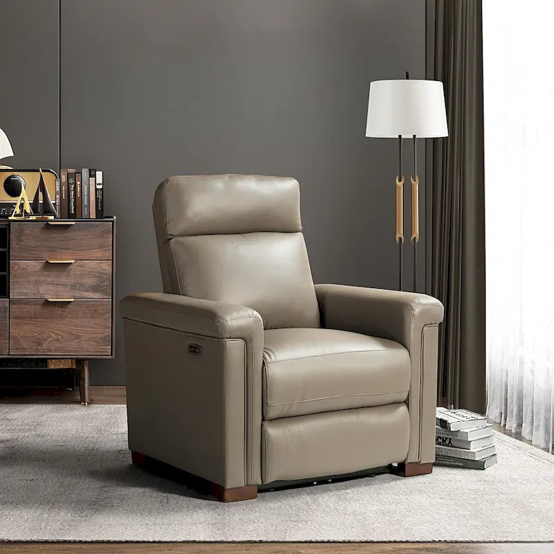 Sillón reclinable eléctrico contemporáneo clásico Alicia de cuero genuino, de 34.65 de ancho, con puerto USB