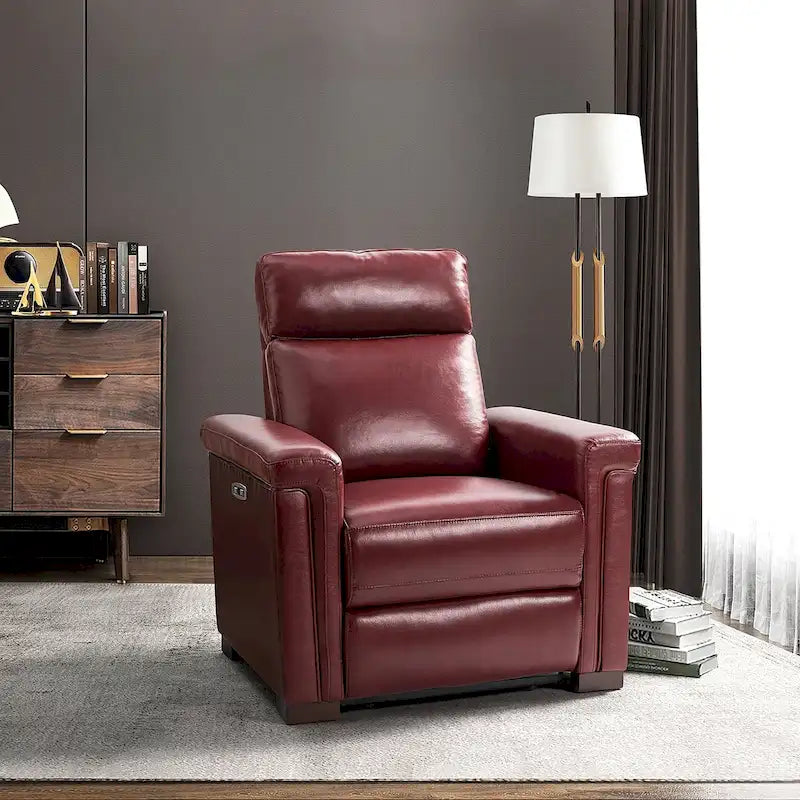 Sillón reclinable eléctrico contemporáneo clásico Alicia de cuero genuino, de 34.65 de ancho, con puerto USB