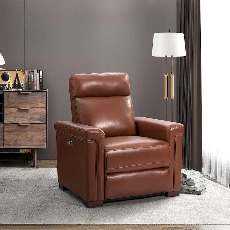 Sillón reclinable eléctrico contemporáneo clásico Alicia de cuero genuino, de 34.65 de ancho, con puerto USB
