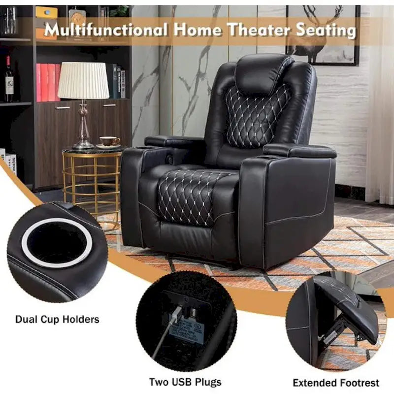 Mueble reclinable de cuero sintético para cine en casa, eléctrico y extragrande, con almacenamiento oculto en los reposabrazos