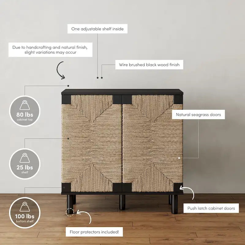 Mobiletto decorativo in legno Beacon di Nathan James con ante in giunco marino e ripiano regolabile