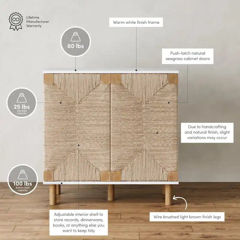 Mobiletto decorativo in legno Beacon di Nathan James con ante in giunco marino e ripiano regolabile