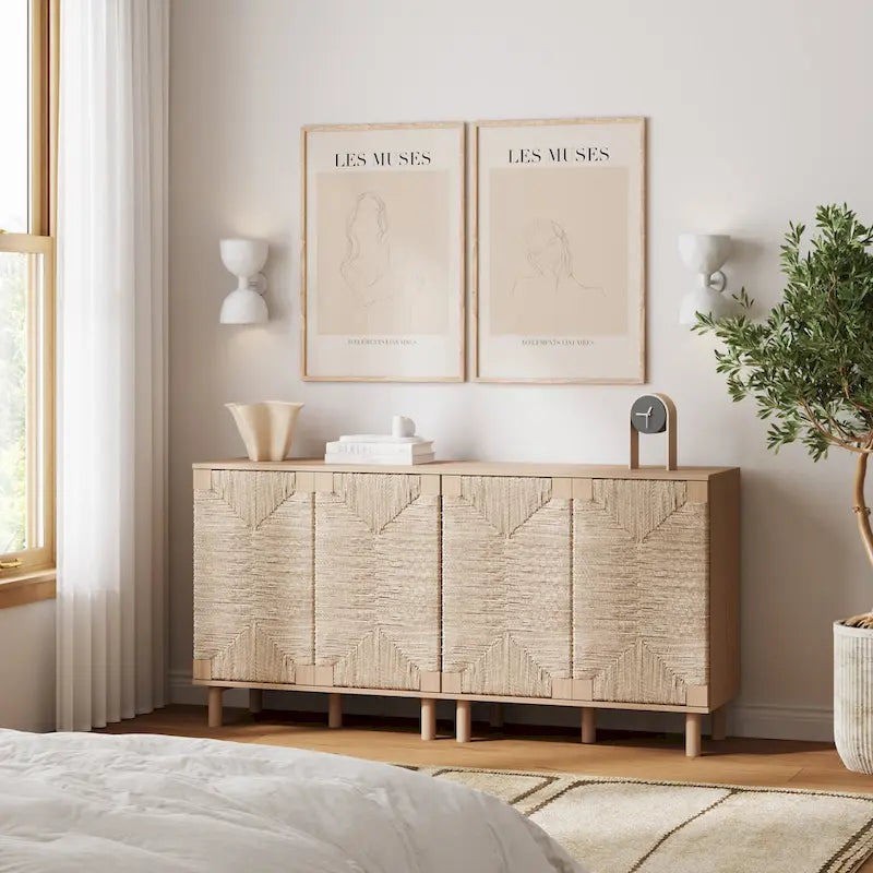 Mobiletto decorativo in legno Beacon di Nathan James con ante in giunco marino e ripiano regolabile