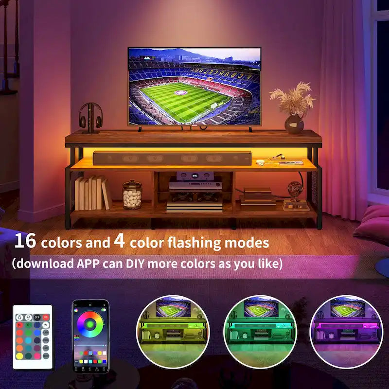 Ipari stílusú fa TV-állvány LED-világítással, nyitott tárolópolcokkal, konnektorokkal, Bluetooth-kapcsolattal és távirányítóval