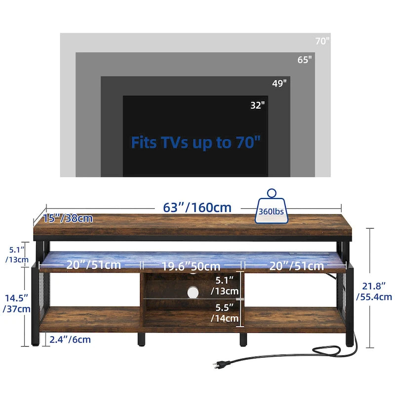 Ipari stílusú fa TV-állvány LED-világítással, nyitott tárolópolcokkal, konnektorokkal, Bluetooth-kapcsolattal és távirányítóval