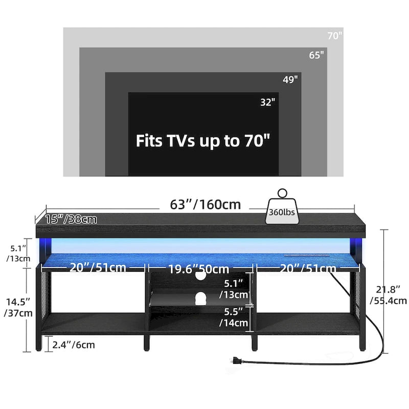 Ipari stílusú fa TV-állvány LED-világítással, nyitott tárolópolcokkal, konnektorokkal, Bluetooth-kapcsolattal és távirányítóval