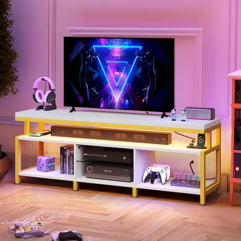 Ipari stílusú fa TV-állvány LED-világítással, nyitott tárolópolcokkal, konnektorokkal, Bluetooth-kapcsolattal és távirányítóval
