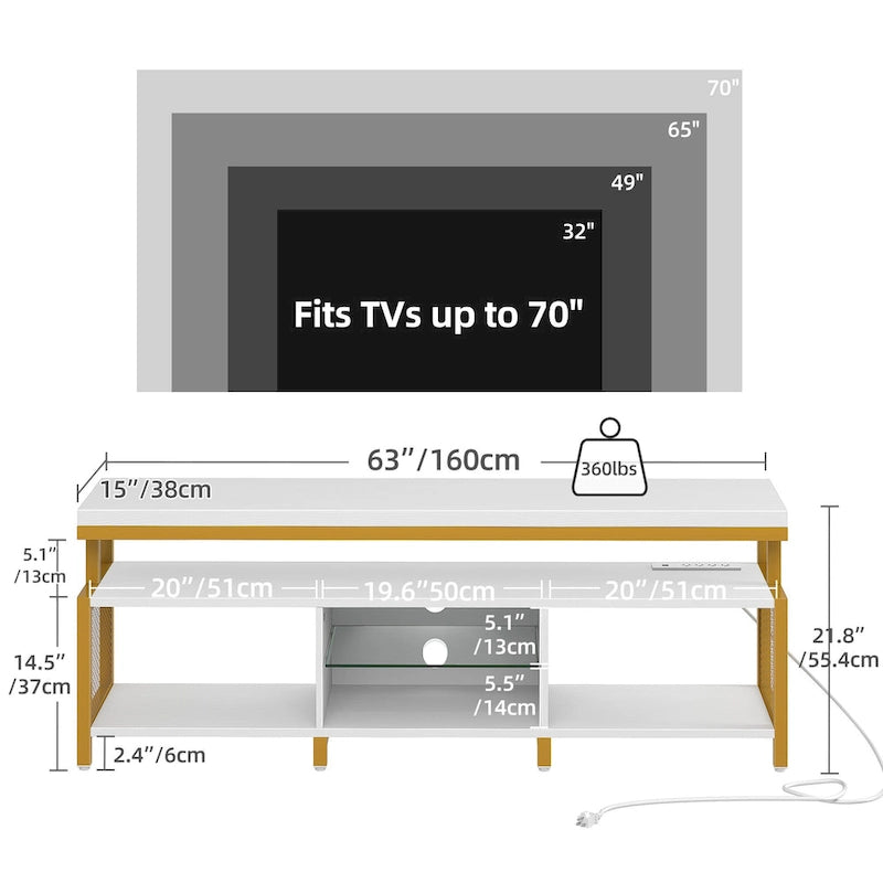 Ipari stílusú fa TV-állvány LED-világítással, nyitott tárolópolcokkal, konnektorokkal, Bluetooth-kapcsolattal és távirányítóval