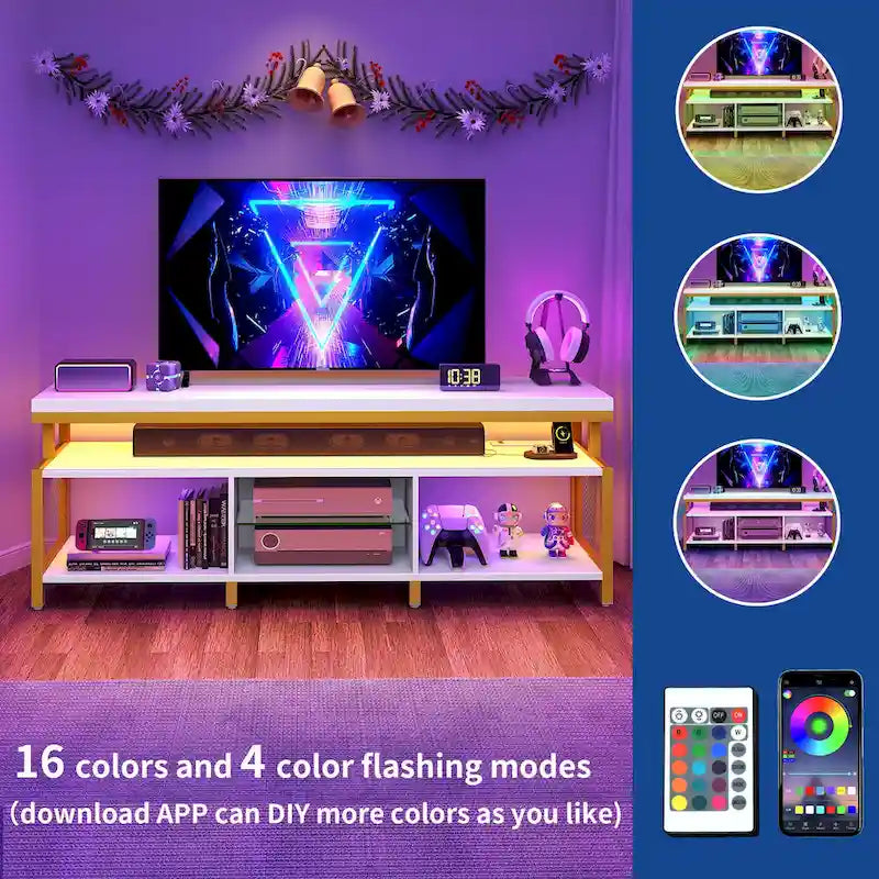 Ipari stílusú fa TV-állvány LED-világítással, nyitott tárolópolcokkal, konnektorokkal, Bluetooth-kapcsolattal és távirányítóval