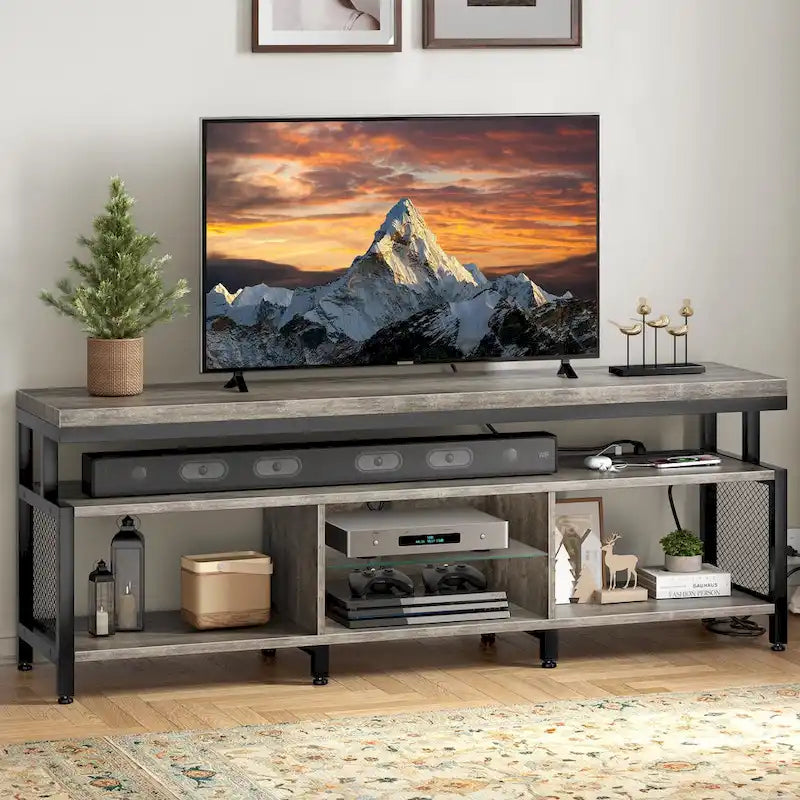 Ipari stílusú fa TV-állvány LED-világítással, nyitott tárolópolcokkal, konnektorokkal, Bluetooth-kapcsolattal és távirányítóval