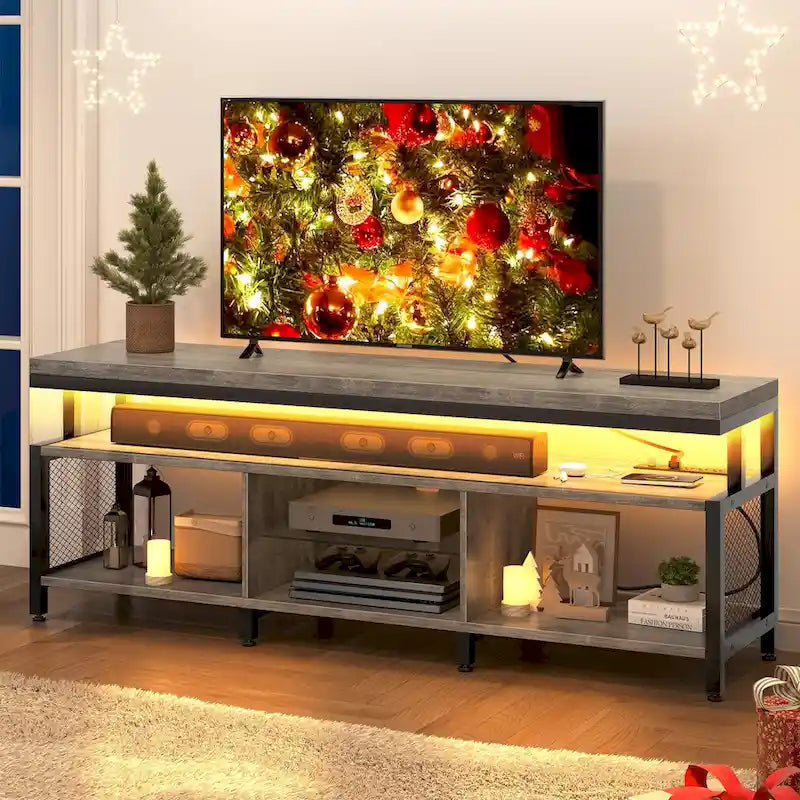 Ipari stílusú fa TV-állvány LED-világítással, nyitott tárolópolcokkal, konnektorokkal, Bluetooth-kapcsolattal és távirányítóval