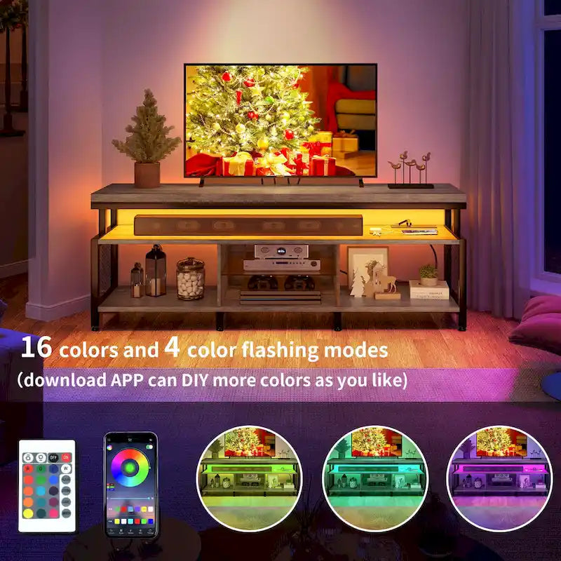 Ipari stílusú fa TV-állvány LED-világítással, nyitott tárolópolcokkal, konnektorokkal, Bluetooth-kapcsolattal és távirányítóval