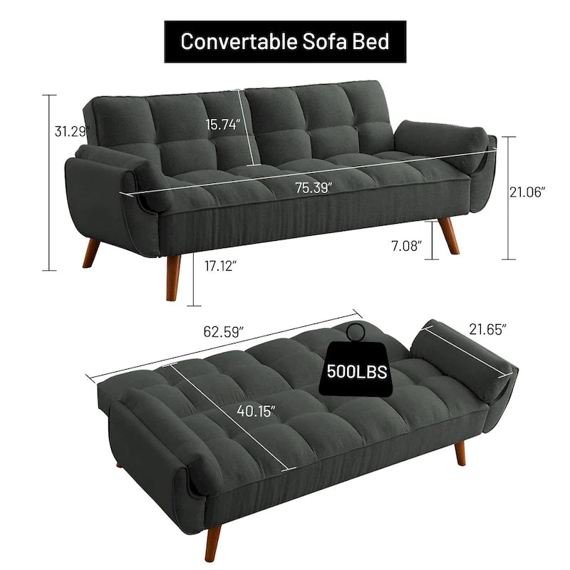 75.39 Schlafsofa, umwandelbare Couch mit Kissen, klappbares Zweisitzersofa für das Wohnzimmer