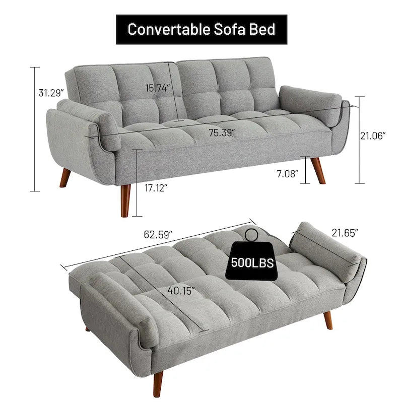 75.39 Schlafsofa, umwandelbare Couch mit Kissen, klappbares Zweisitzersofa für das Wohnzimmer