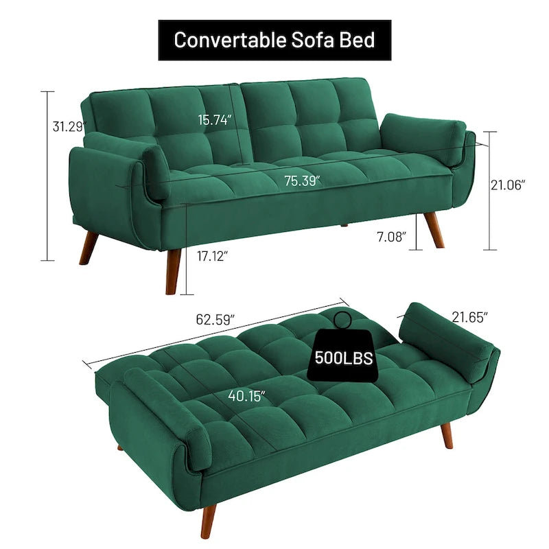 75.39 Schlafsofa, umwandelbare Couch mit Kissen, klappbares Zweisitzersofa für das Wohnzimmer