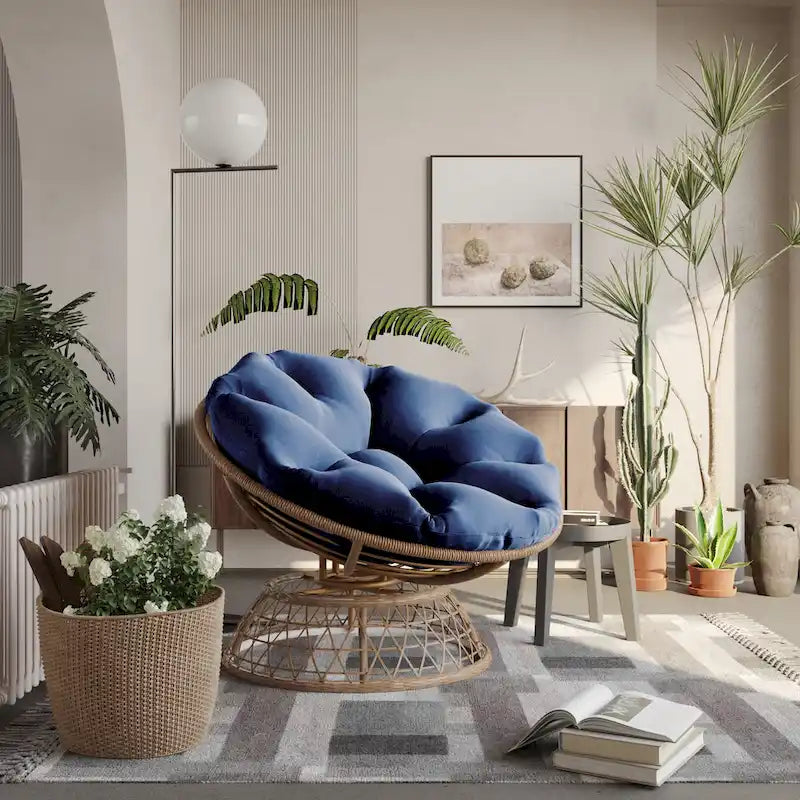 Gemütlicher gelber Papasan-Drehsessel aus Korbgeflecht für Terrasse und Außenbereich von Cozywor