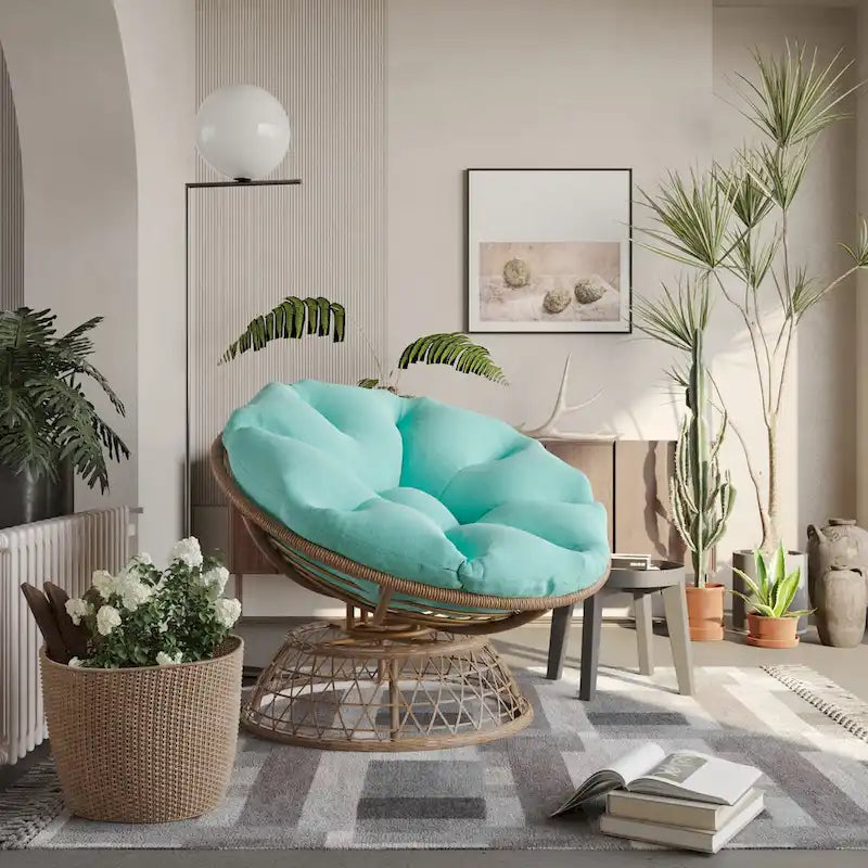 Gemütlicher gelber Papasan-Drehsessel aus Korbgeflecht für Terrasse und Außenbereich von Cozywor
