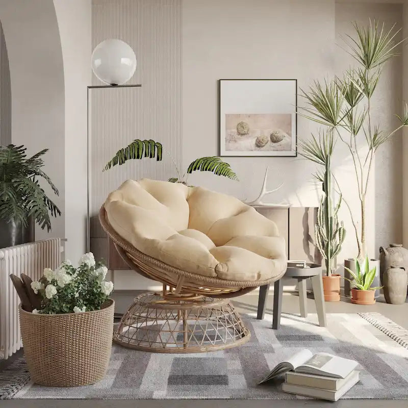 Gemütlicher gelber Papasan-Drehsessel aus Korbgeflecht für Terrasse und Außenbereich von Cozywor
