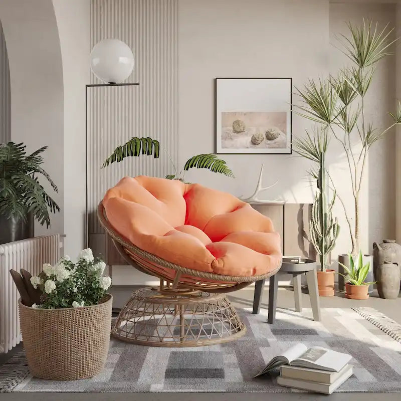 Gemütlicher gelber Papasan-Drehsessel aus Korbgeflecht für Terrasse und Außenbereich von Cozywor