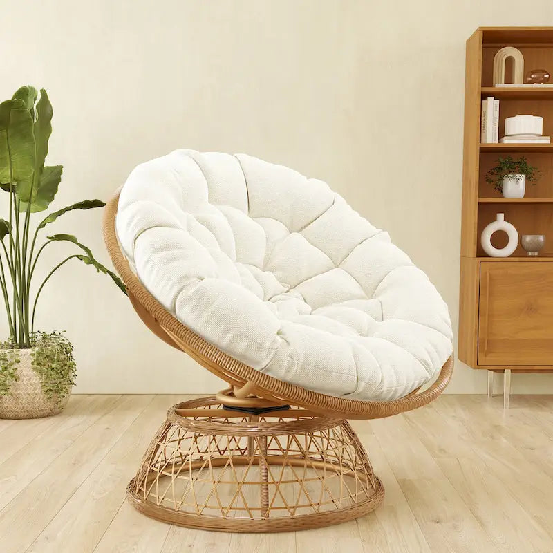 Gemütlicher gelber Papasan-Drehsessel aus Korbgeflecht für Terrasse und Außenbereich von Cozywor