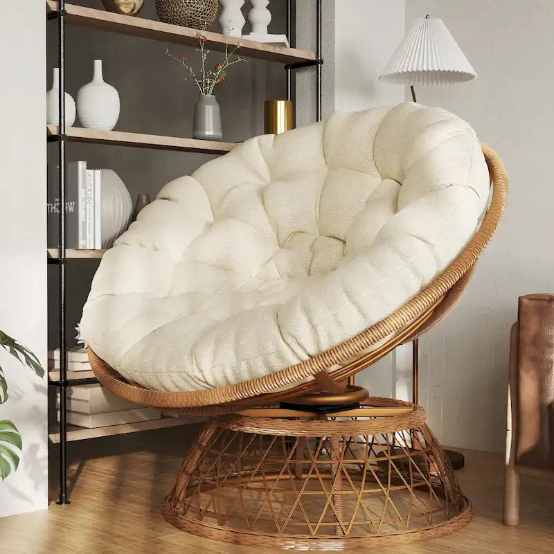 Gemütlicher gelber Papasan-Drehsessel aus Korbgeflecht für Terrasse und Außenbereich von Cozywor