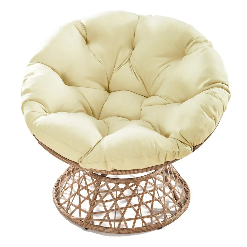 Gemütlicher gelber Papasan-Drehsessel aus Korbgeflecht für Terrasse und Außenbereich von Cozywor