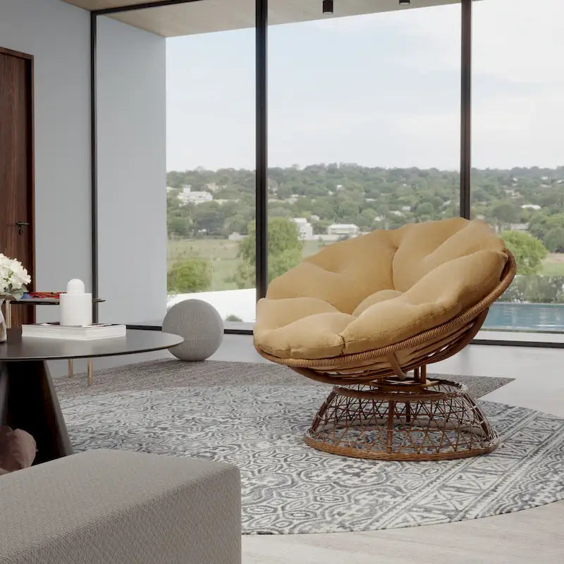 Gemütlicher gelber Papasan-Drehsessel aus Korbgeflecht für Terrasse und Außenbereich von Cozywor