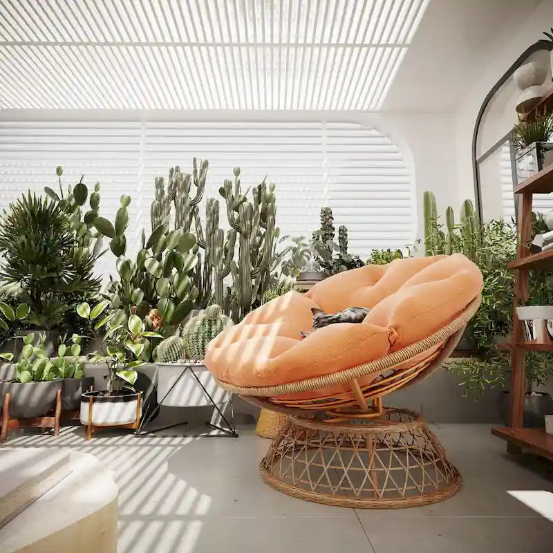 Gemütlicher gelber Papasan-Drehsessel aus Korbgeflecht für Terrasse und Außenbereich von Cozywor