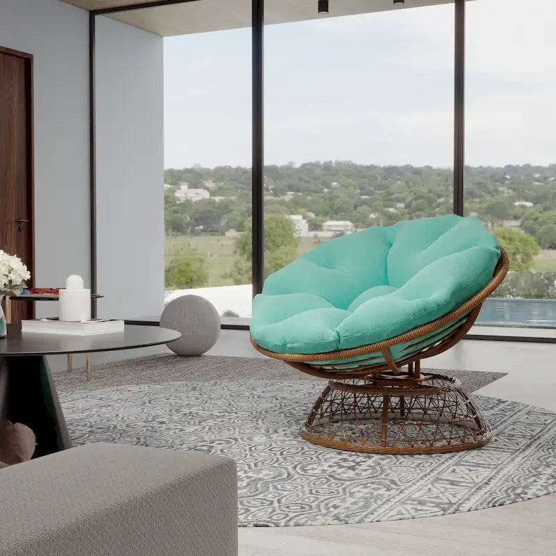 Gemütlicher gelber Papasan-Drehsessel aus Korbgeflecht für Terrasse und Außenbereich von Cozywor
