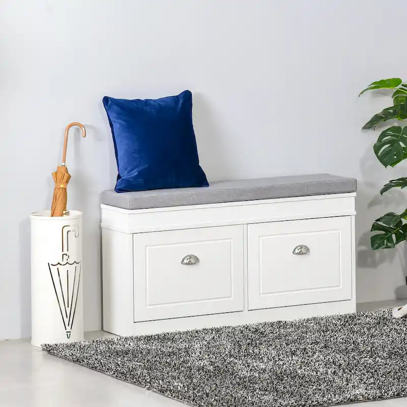 HOMCOM cipőtároló pad előszobába, tárolórendszer párnázott ülőfelülettel, 2 fiókkal és állítható polccal, fehér – 41 x 9.5 x 21.75