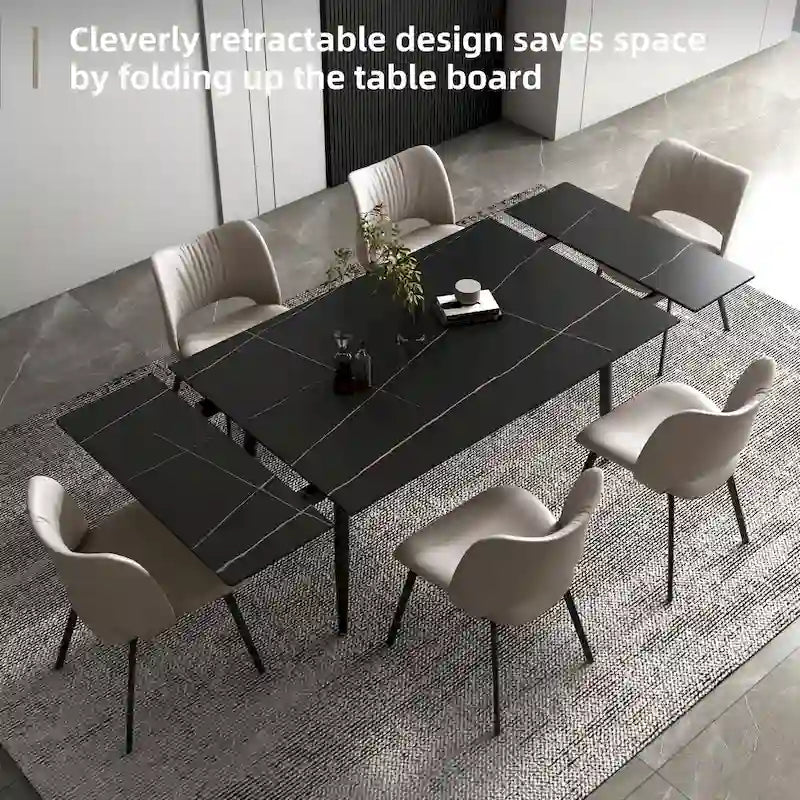 Set da tavolo da pranzo allungabile in 7 pezzi, da 62.9 pollici a 94.4 pollici, con piano in pietra sinterizzata e 6 sedie