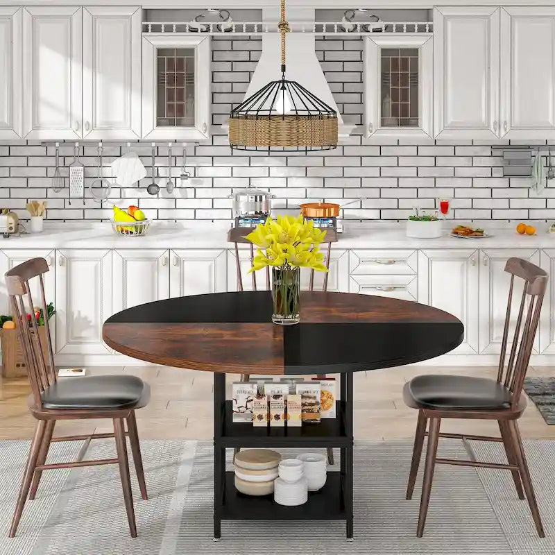 Mesa de comedor redonda con estantes de almacenamiento, patas metálicas y tablero de madera, para 4 personas, marrón rústico y negro